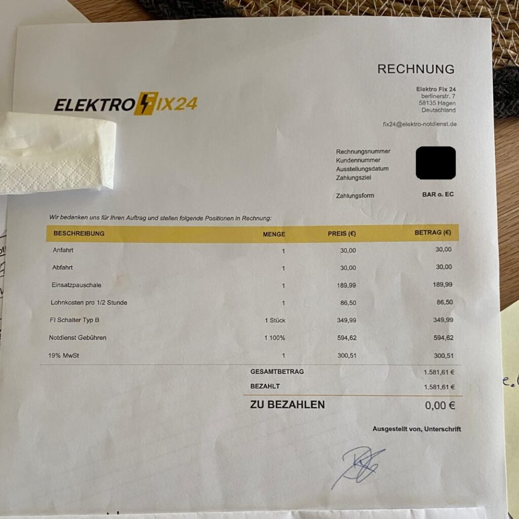 Gefälschte Elektriker Rechnung